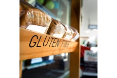Image Gluten-free bread loaves on a bakery shelf